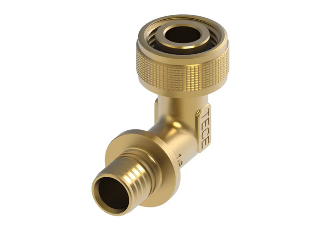 Schnelladapter in L-Form mit einer Verbindung für Rohr und eine Anschlussmöglichkeit. Aus Siliziumbronze, mit „TECE“ eingeprägt.